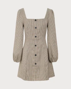 The Khaki Square Neck Plaid Button Mini Dress