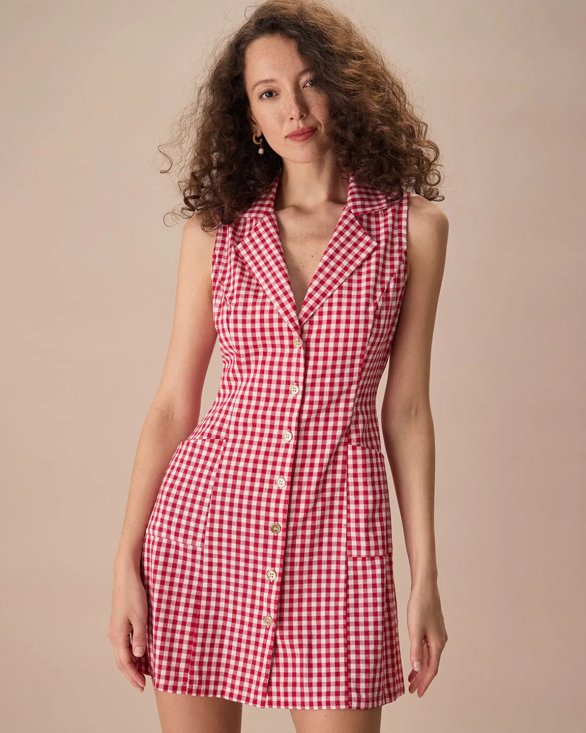 The Lapel Plaid Sleeveless Cotton Pocket Mini Dress