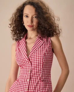 The Lapel Plaid Sleeveless Cotton Pocket Mini Dress