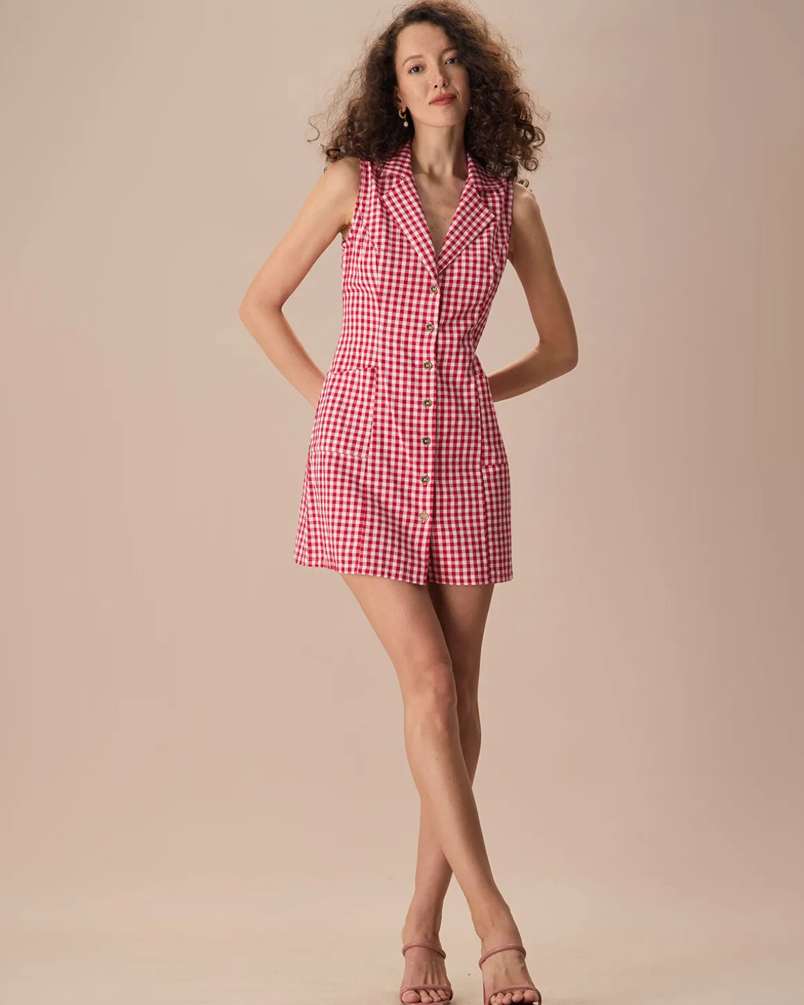 The Lapel Plaid Sleeveless Cotton Pocket Mini Dress
