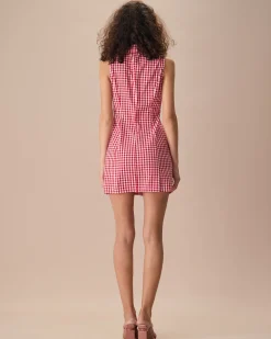 The Lapel Plaid Sleeveless Cotton Pocket Mini Dress