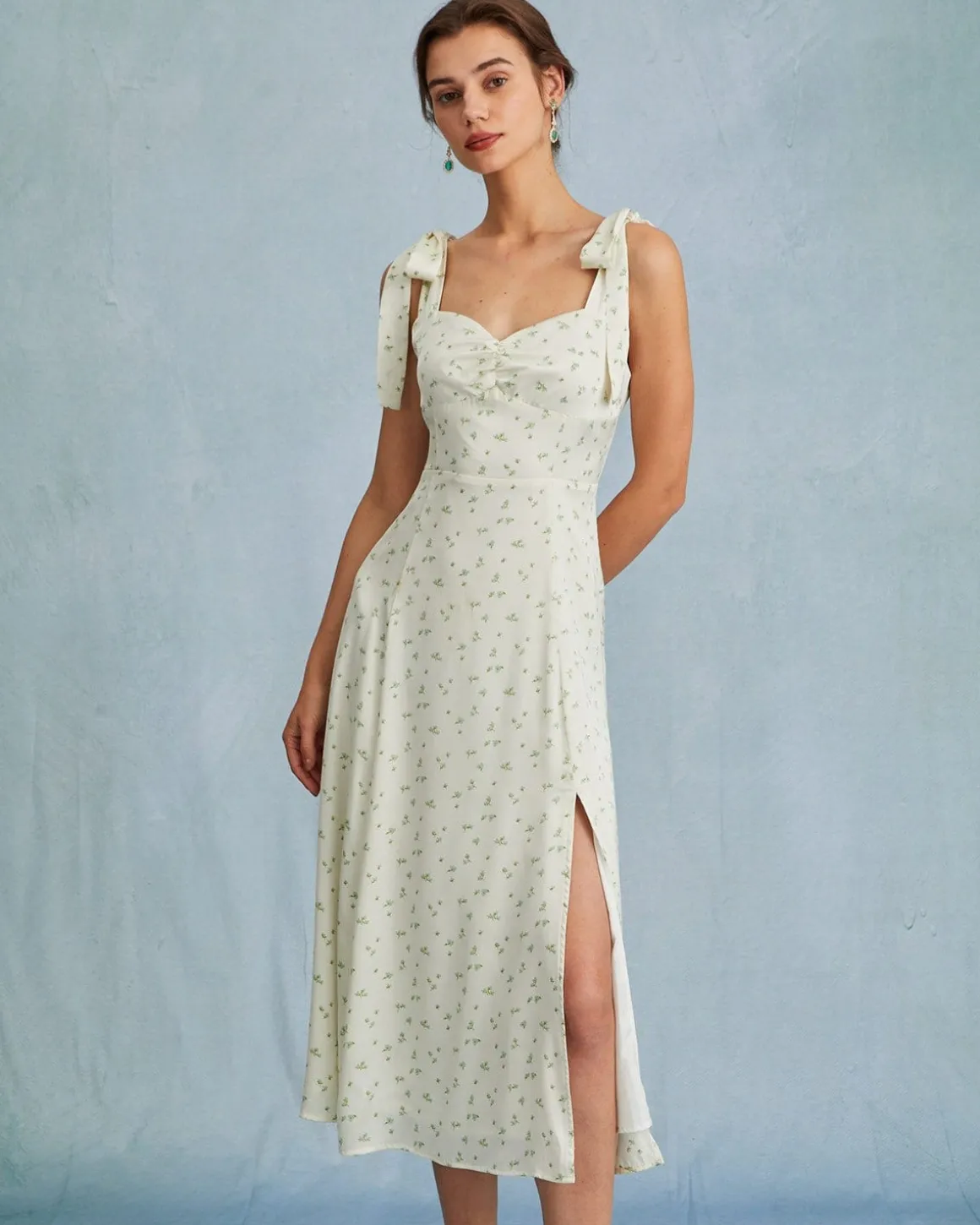 The Light Green Satin Floral Tie Strap Slit Midi Dress