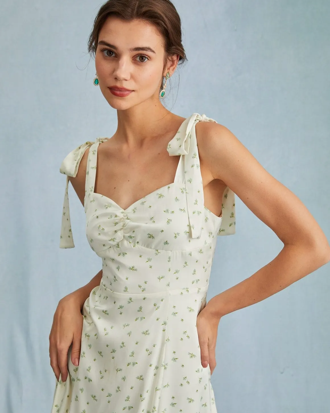 The Light Green Satin Floral Tie Strap Slit Midi Dress