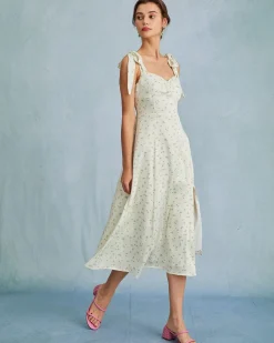 The Light Green Satin Floral Tie Strap Slit Midi Dress