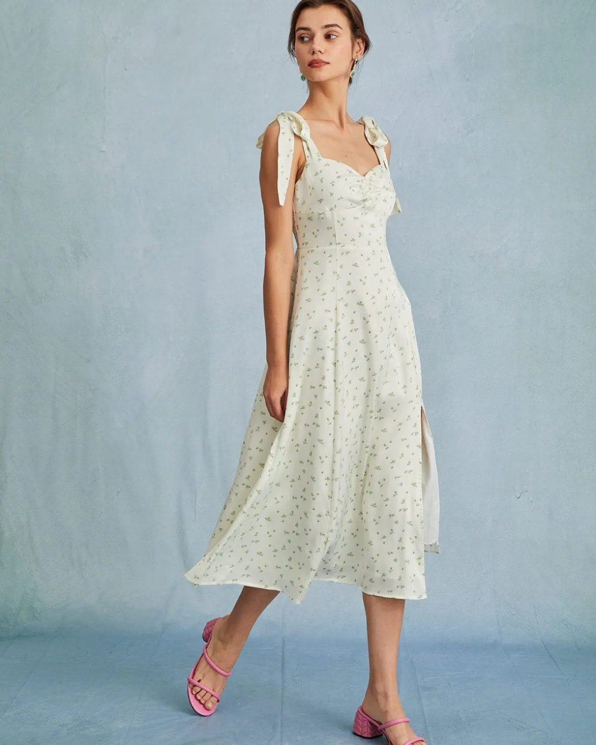 The Light Green Satin Floral Tie Strap Slit Midi Dress