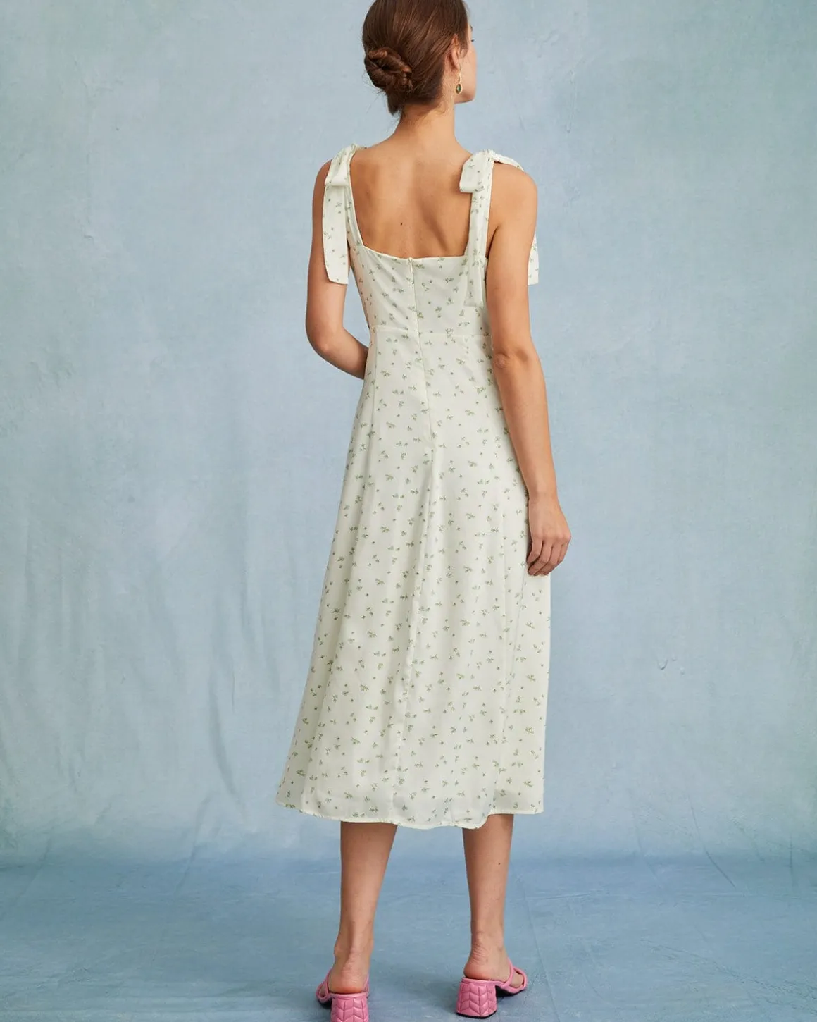 The Light Green Satin Floral Tie Strap Slit Midi Dress