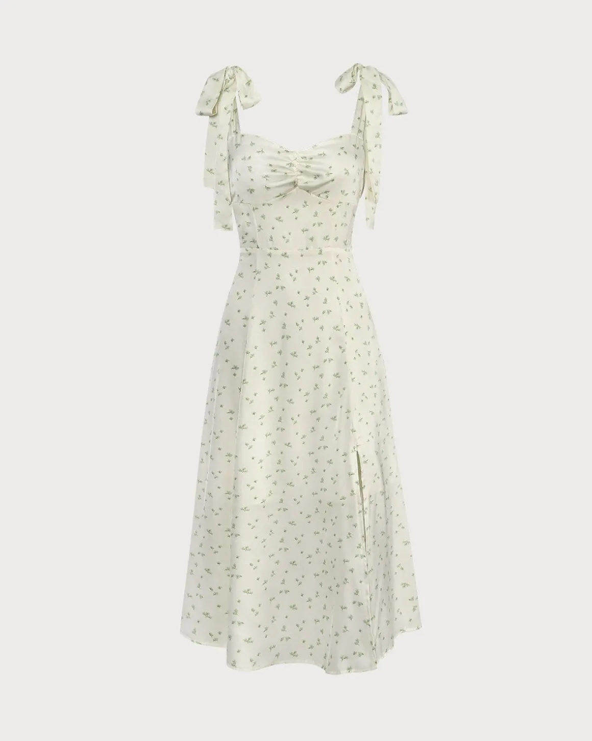 The Light Green Satin Floral Tie Strap Slit Midi Dress