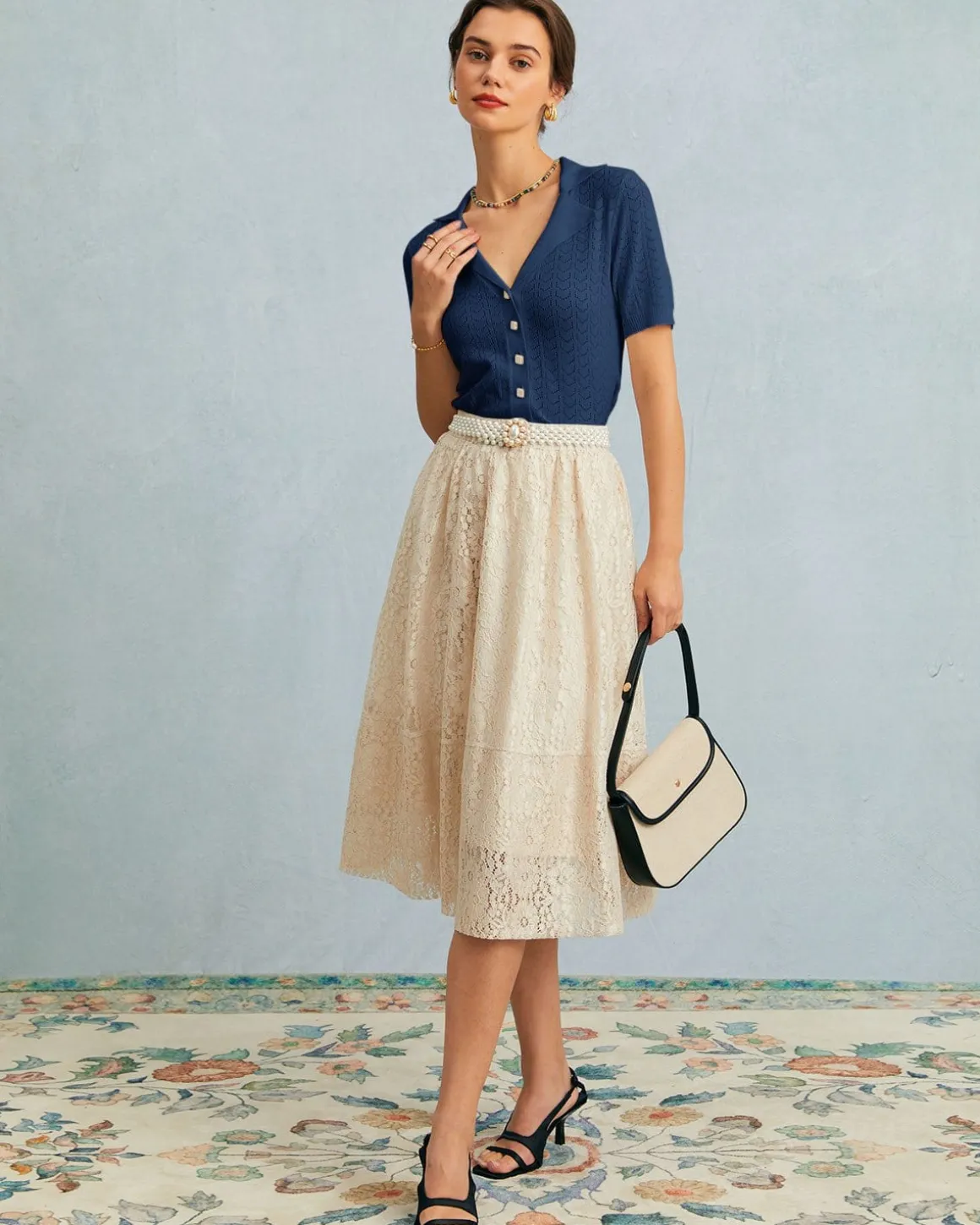 The Navy Collared Pointelle Knit Top