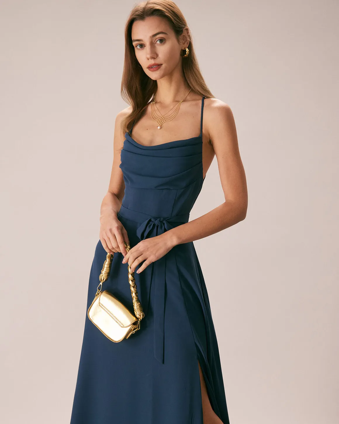 The Navy Cowl Neck Cutout Back Maxi Dress
