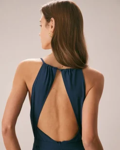 The Navy Cowl Neck Cutout Back Maxi Dress