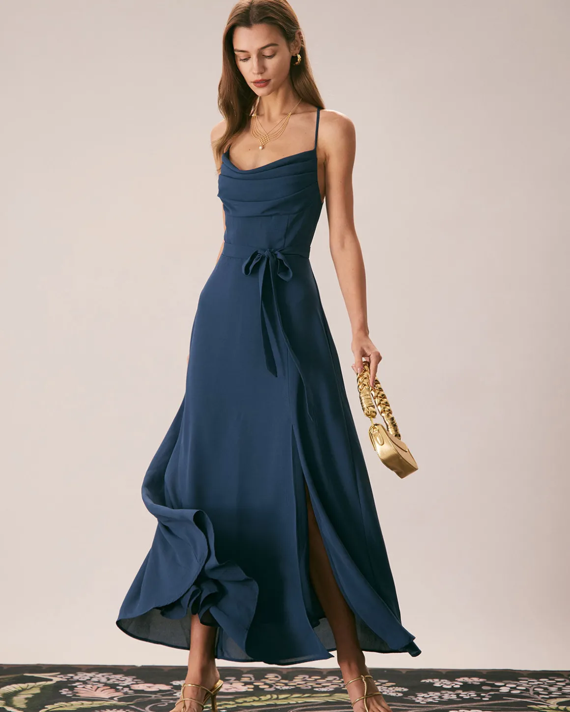 The Navy Cowl Neck Cutout Back Maxi Dress