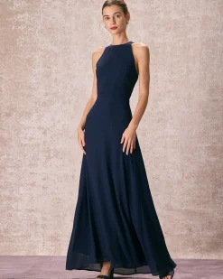 The Navy Halter Bowknot Back Maxi Dress