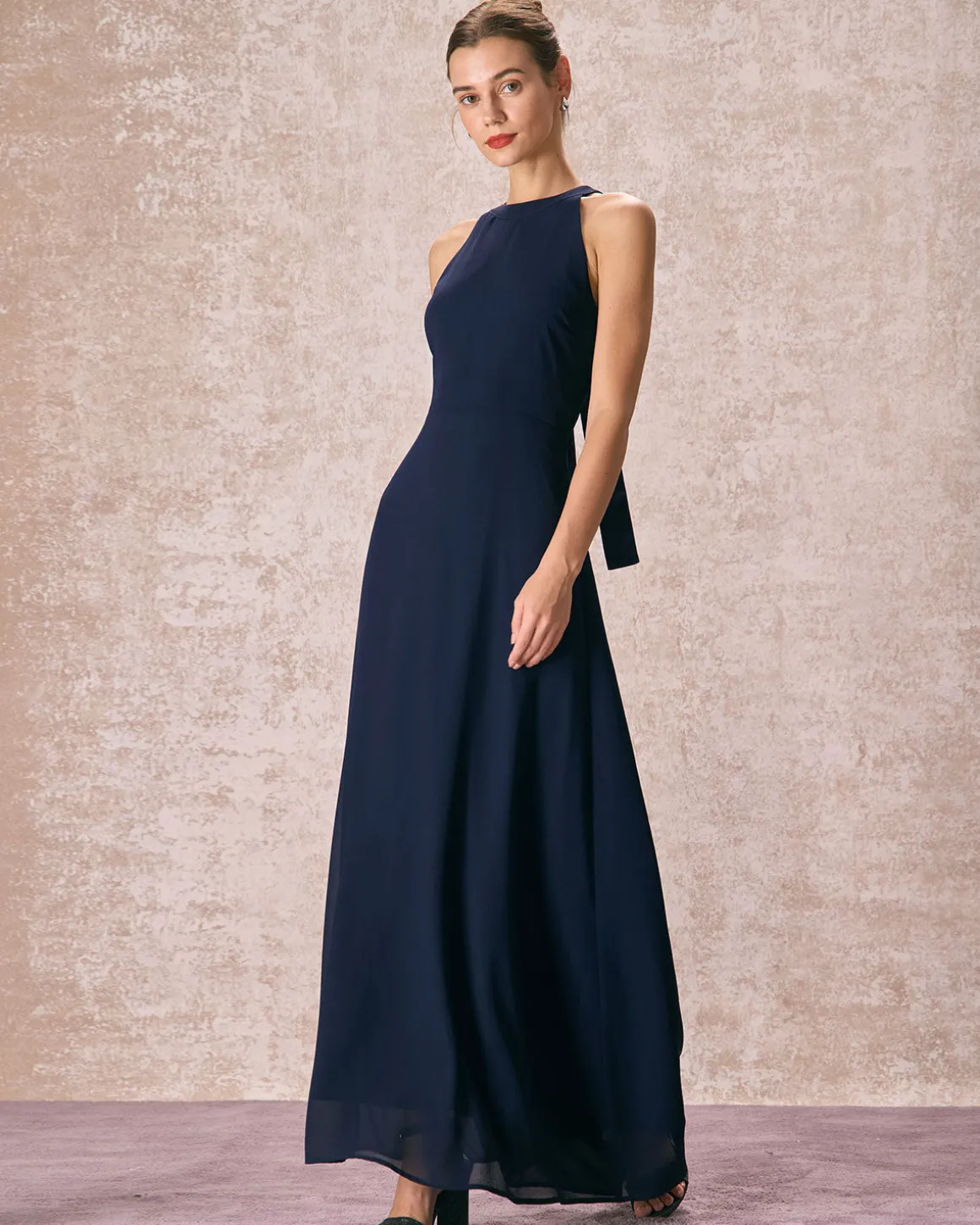 The Navy Halter Bowknot Back Maxi Dress