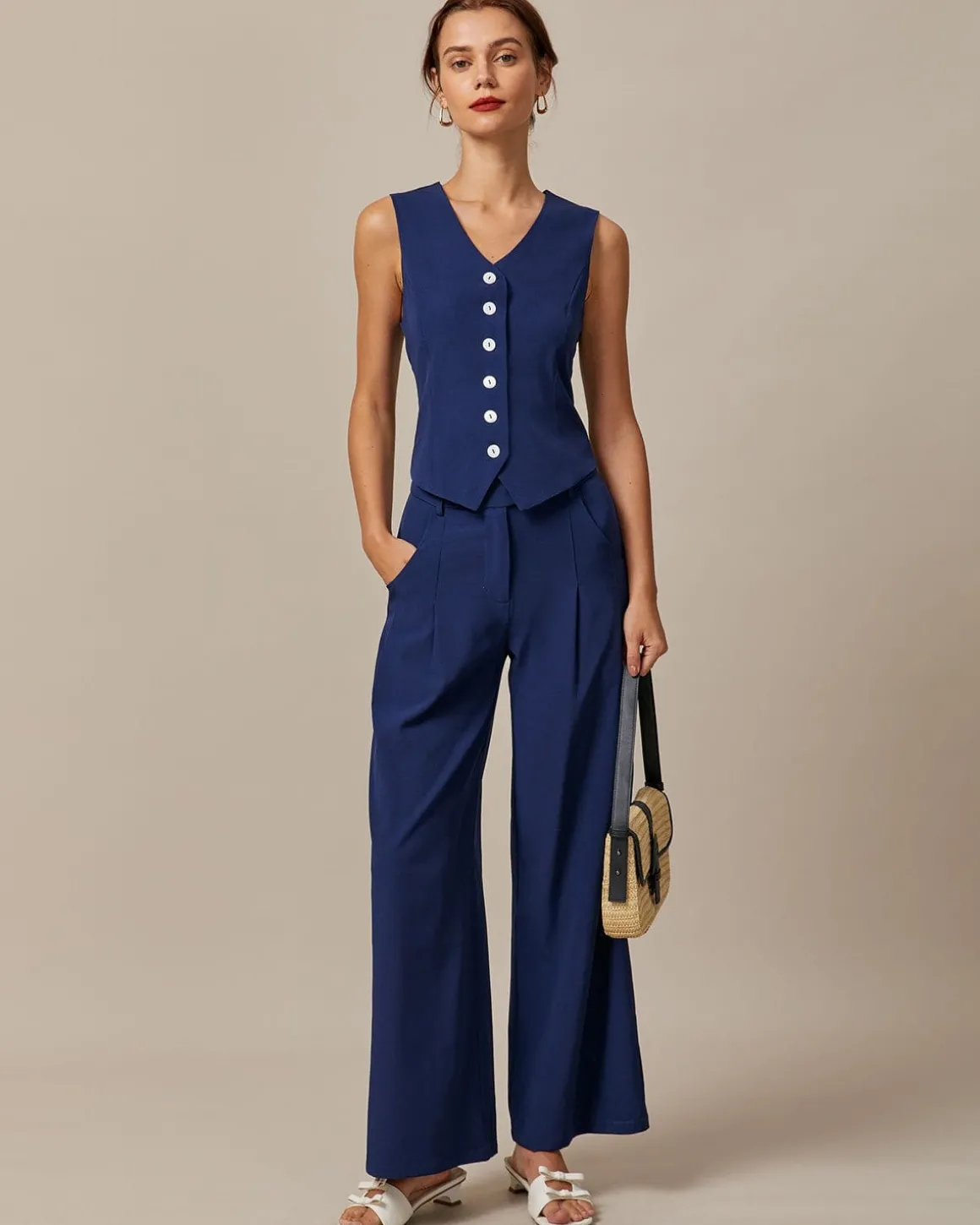 The Navy High Waisted Pockets Straight Pants