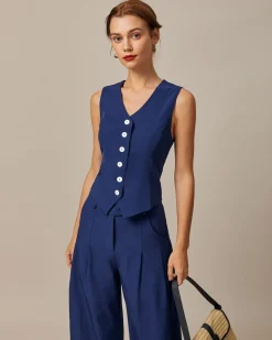 The Navy High Waisted Pockets Straight Pants