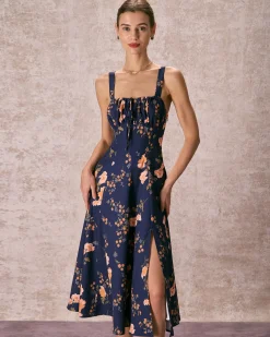 The Navy Lace Up Floral Ruched Midi Dress