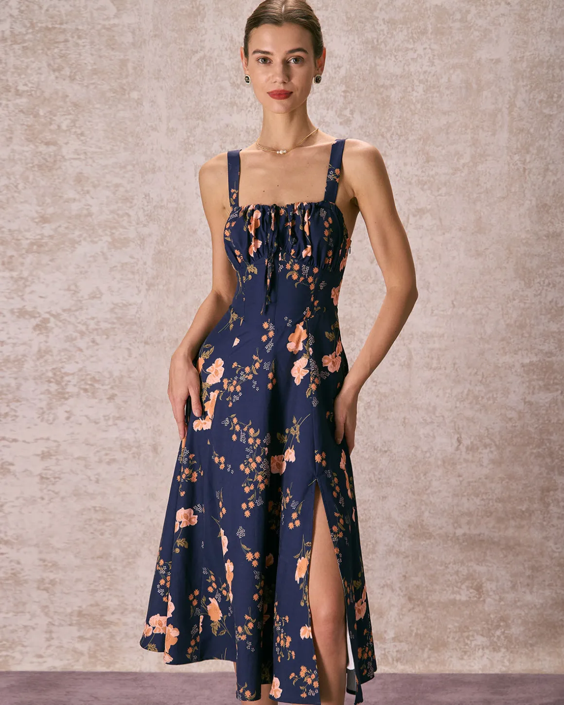 The Navy Lace Up Floral Ruched Midi Dress