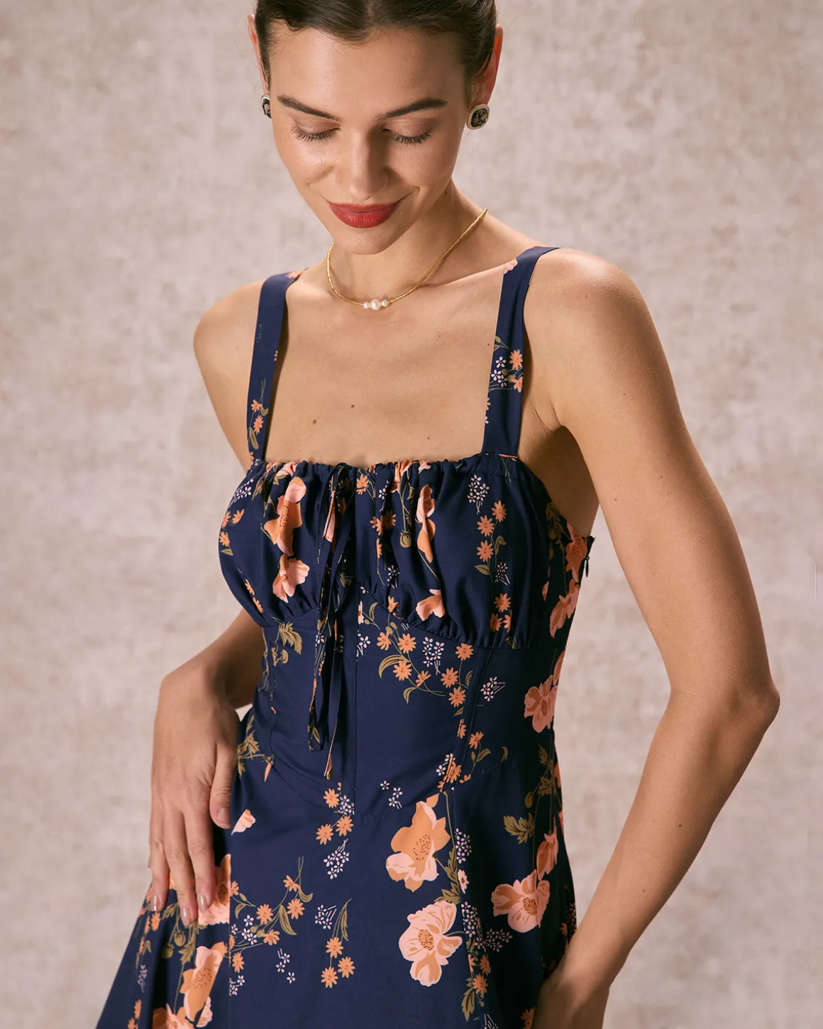 The Navy Lace Up Floral Ruched Midi Dress