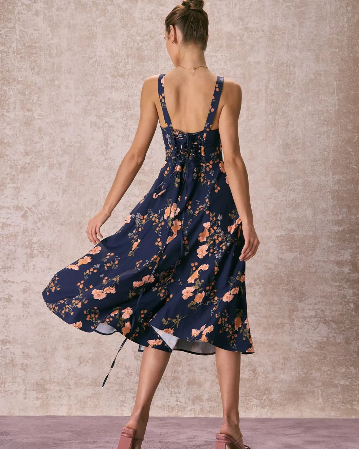 The Navy Lace Up Floral Ruched Midi Dress