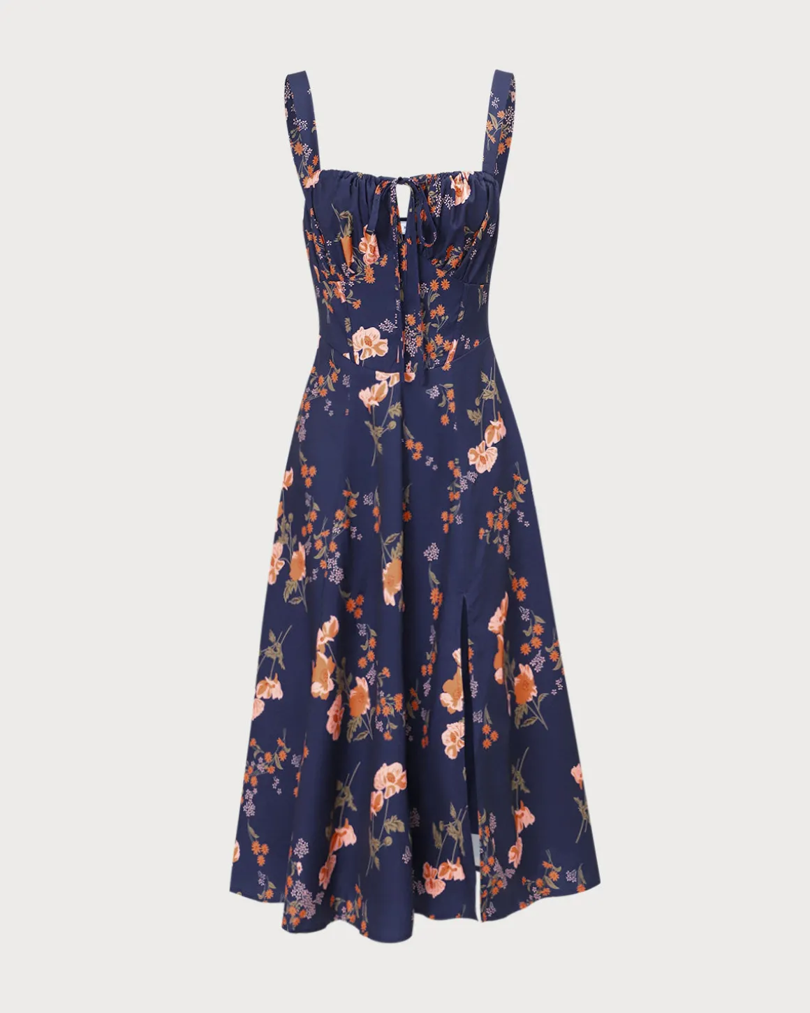 The Navy Lace Up Floral Ruched Midi Dress