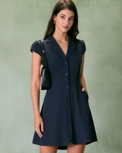 The Navy Lapel Cap Sleeve Button-up Mini Dress