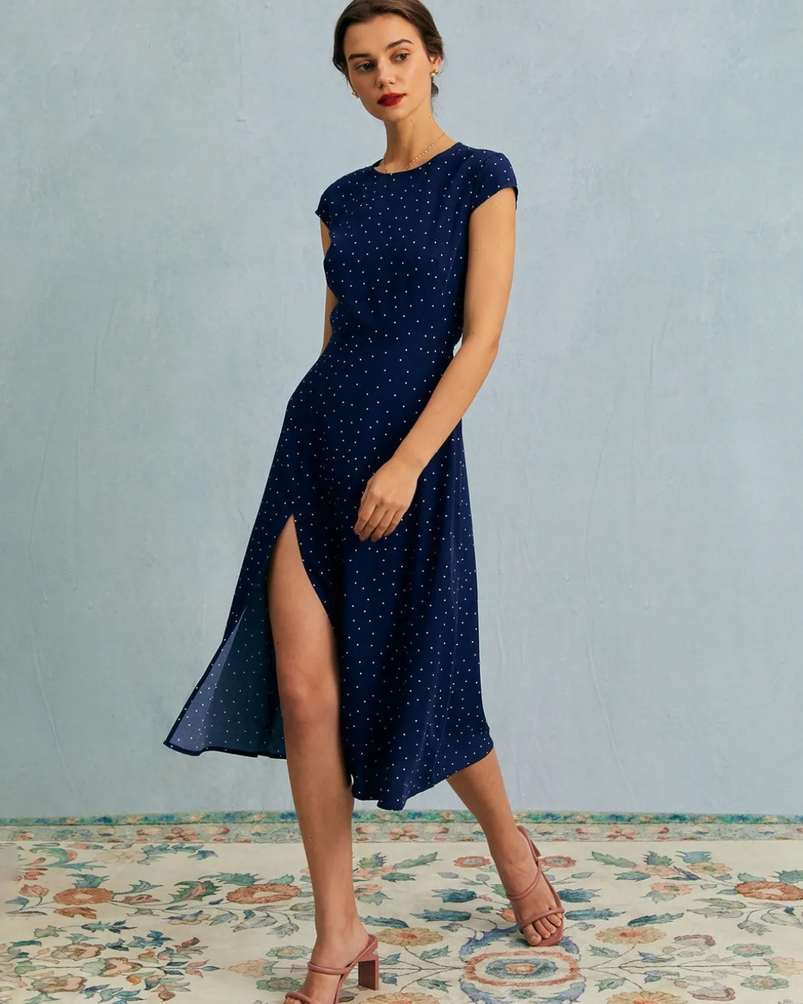 The Navy Round Neck Polka Dot Cutout Midi Dress