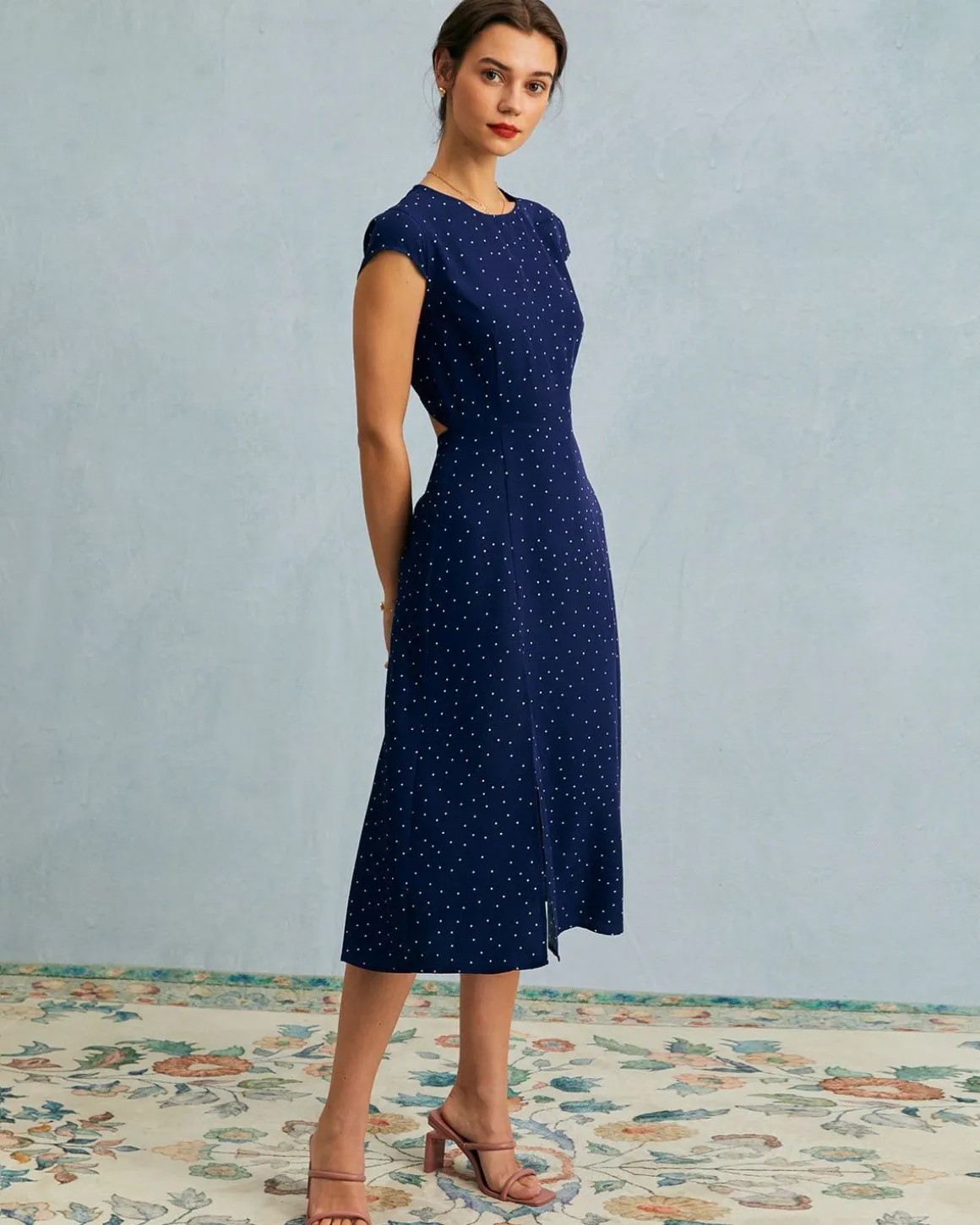 The Navy Round Neck Polka Dot Cutout Midi Dress