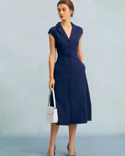 The Navy V Neck Button Cap Sleeve Midi Dress