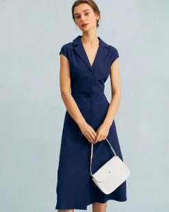 The Navy V Neck Button Cap Sleeve Midi Dress