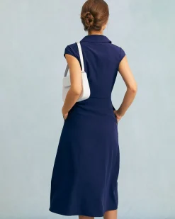 The Navy V Neck Button Cap Sleeve Midi Dress