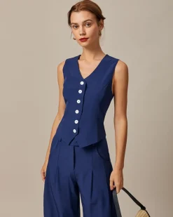 The Navy V Neck Button Up Sleeveless Vest
