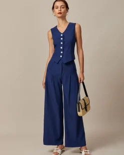 The Navy V Neck Button Up Sleeveless Vest