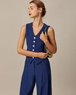 The Navy V Neck Button Up Sleeveless Vest
