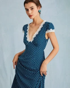 The Navy V Neck Polka Dot Lace Ruched Maxi Dress