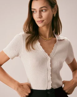 The Nude V Neck Button Pointelle Knit Tee