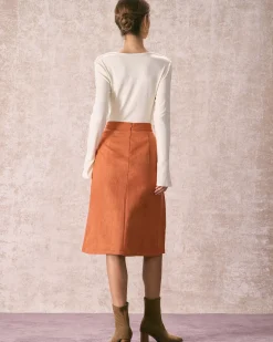 The Orange High Waisted Suede Midi Skirt