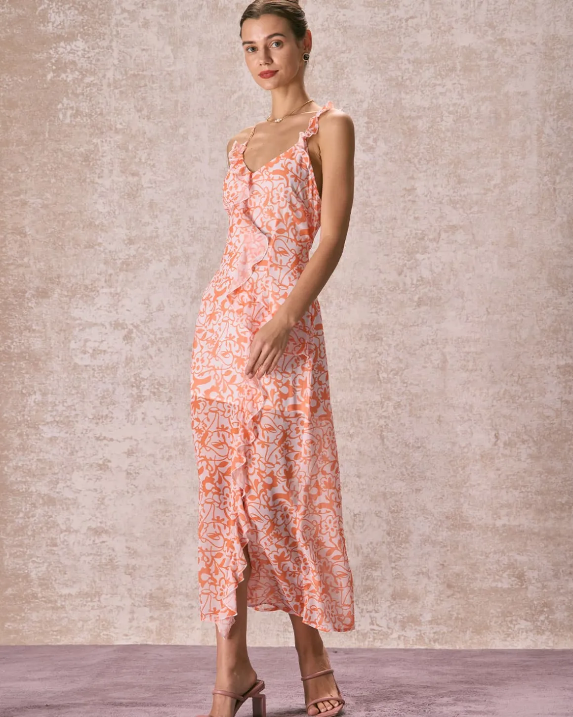 The Orange V Neck Floral Ruffle Maxi Dress