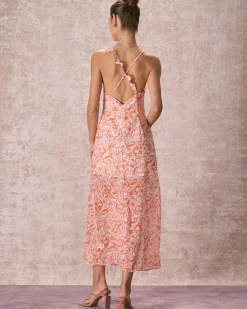 The Orange V Neck Floral Ruffle Maxi Dress