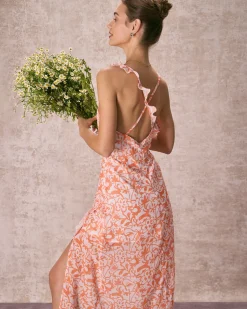 The Orange V Neck Floral Ruffle Maxi Dress