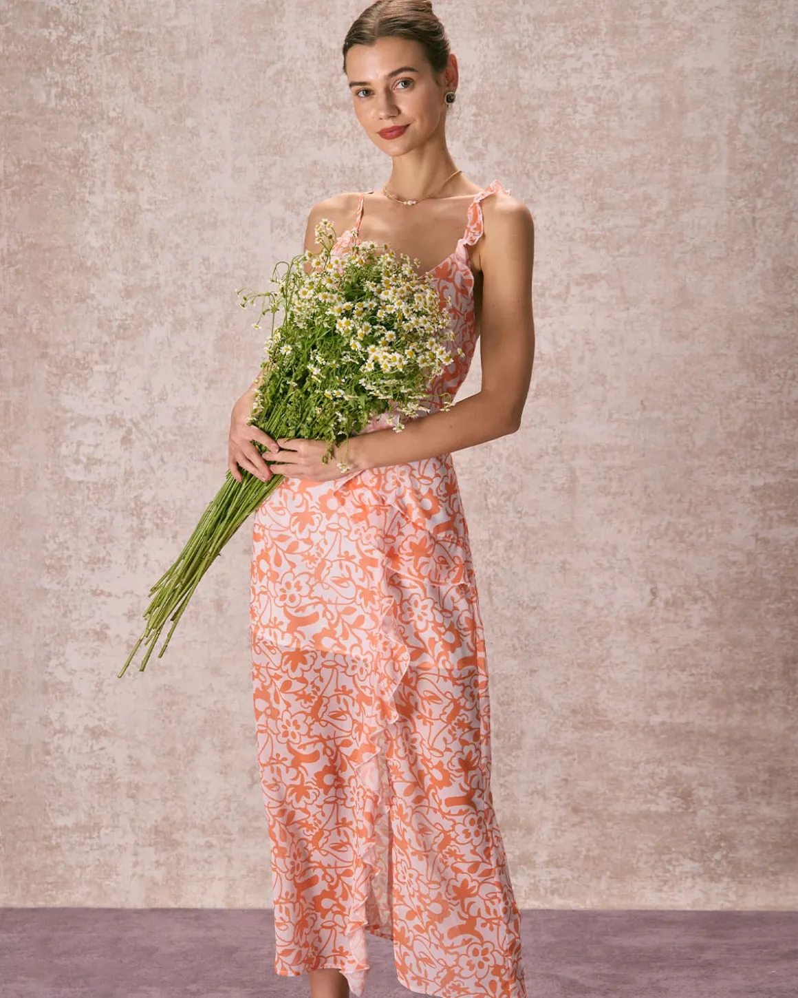 The Orange V Neck Floral Ruffle Maxi Dress