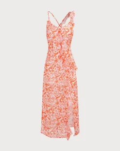 The Orange V Neck Floral Ruffle Maxi Dress