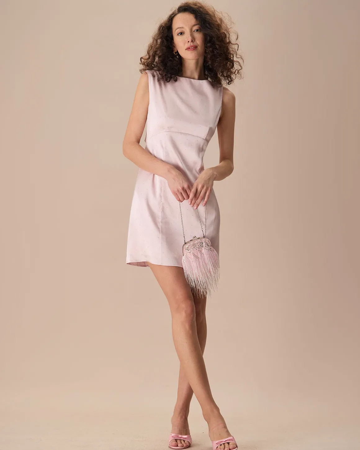 The Pink Boat Neck Bowknot Satin Mini Dress