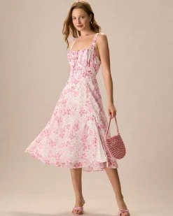 The Pink Square Neck Floral Ruched Midi Dress