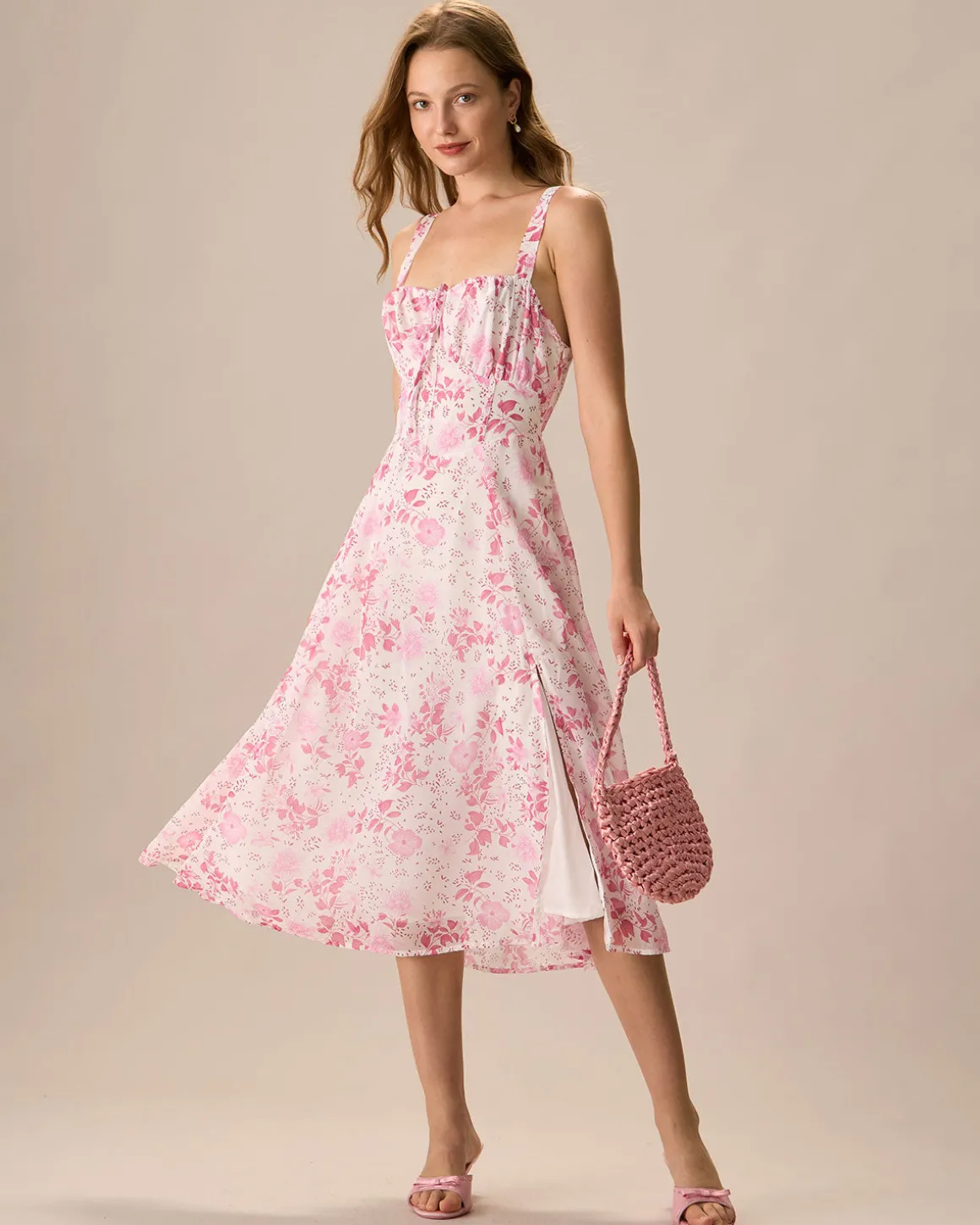 The Pink Square Neck Floral Ruched Midi Dress