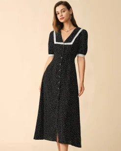 The Polka Dot Lace Trim Midi Dress