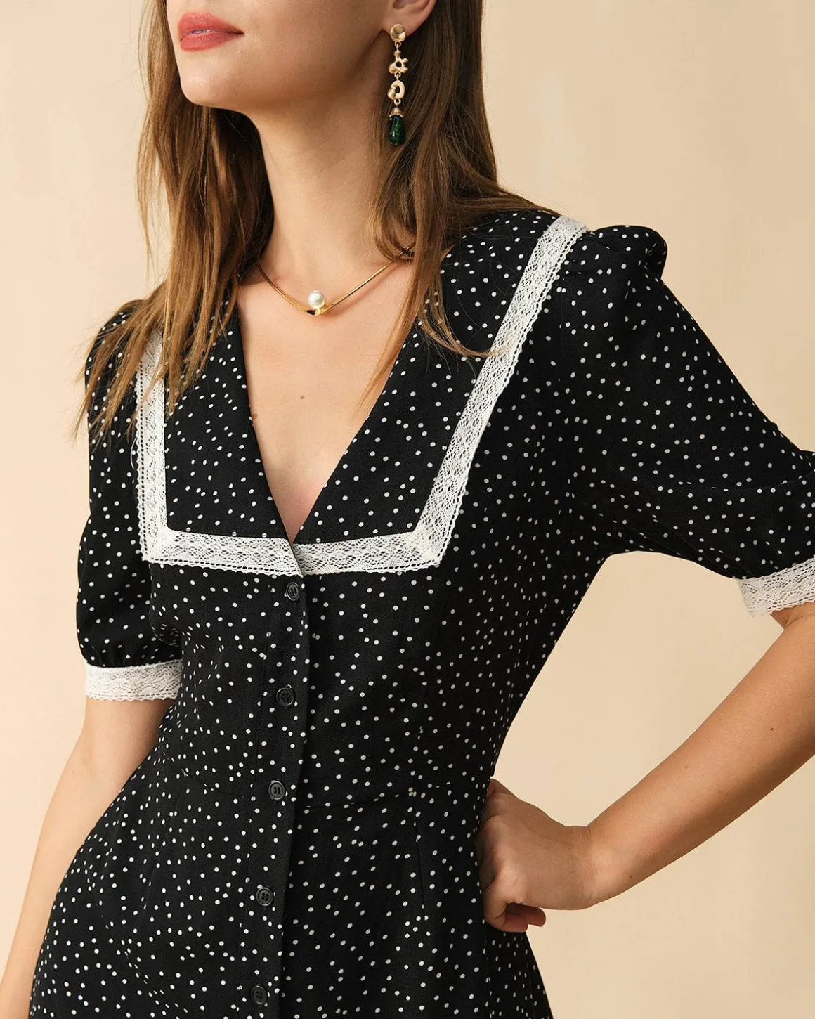 The Polka Dot Lace Trim Midi Dress