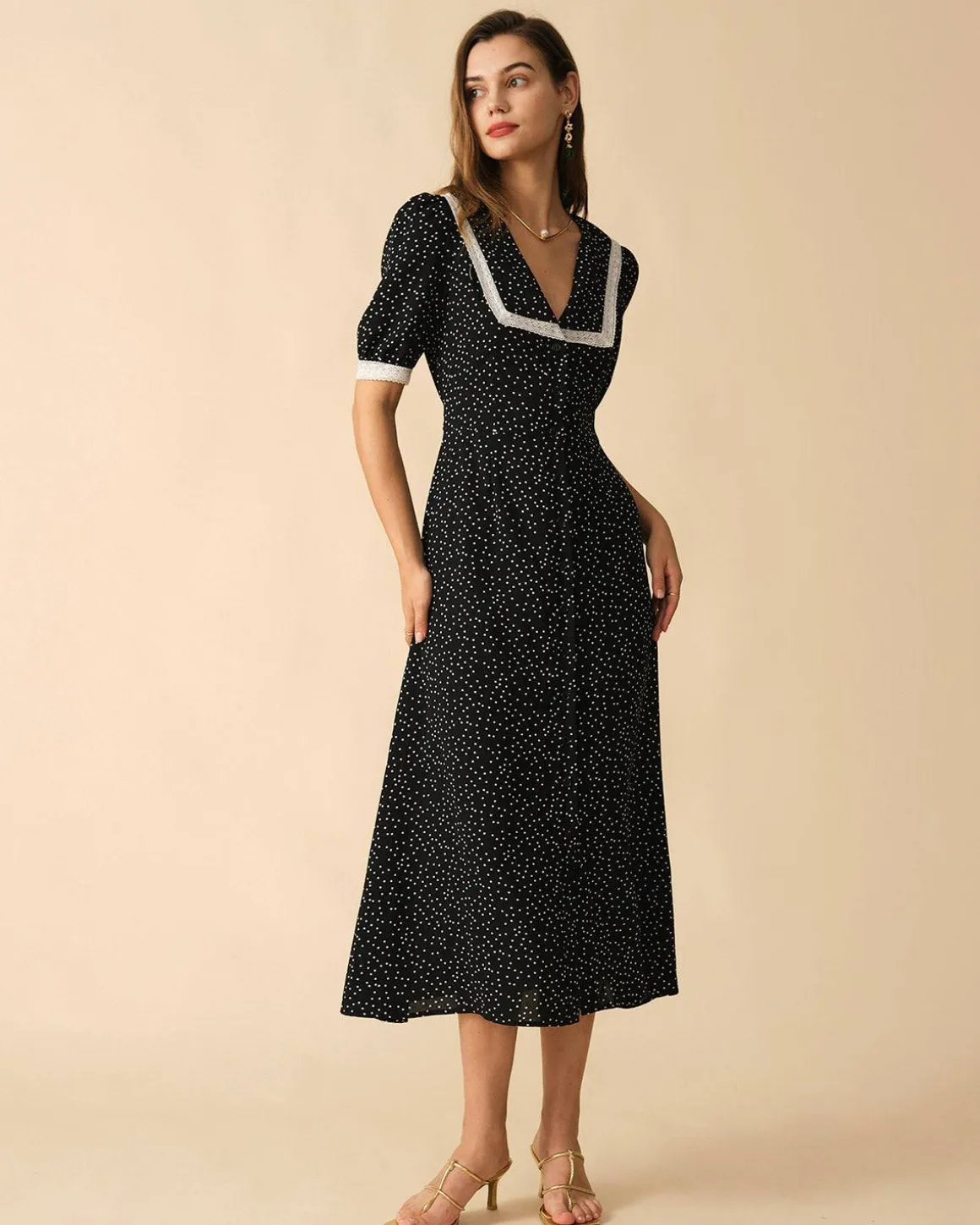 The Polka Dot Lace Trim Midi Dress