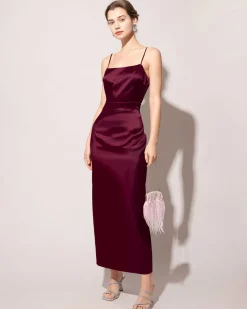 The Red Back Slit Satin Sling Maxi Dress