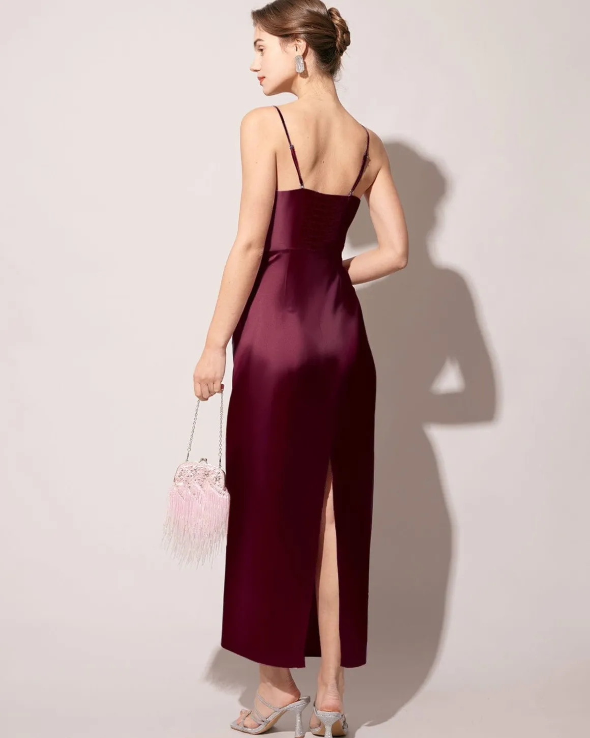 The Red Back Slit Satin Sling Maxi Dress