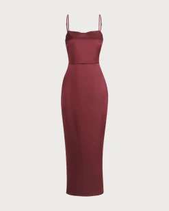 The Red Back Slit Satin Sling Maxi Dress